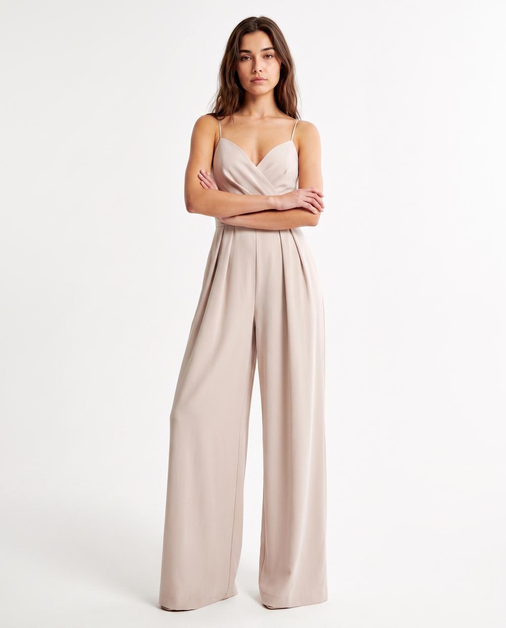 Women's taupe strappy wide-leg jumpsuit with satin-look bodice and wide pant legs