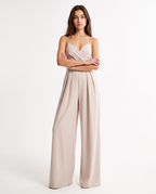 Women's taupe strappy wide-leg jumpsuit with satin-look bodice and wide pant legs