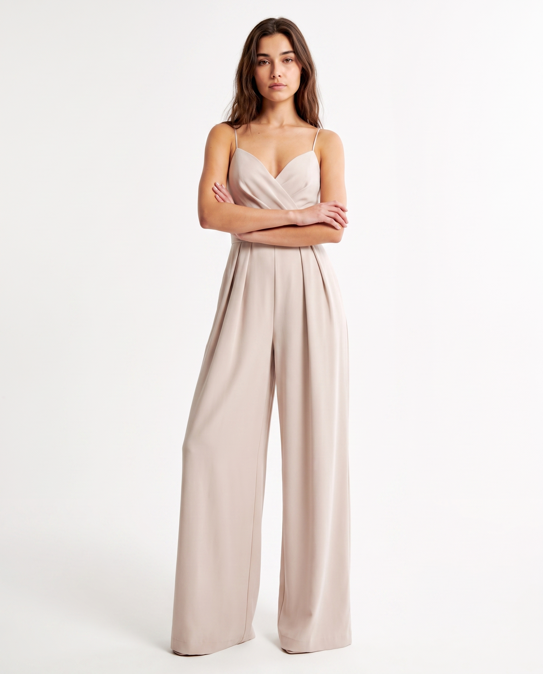 Women's taupe strappy wide-leg jumpsuit with satin-look bodice and wide pant legs