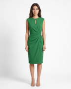 Green sleeveless ruched midi sheath dress with keyhole neckline