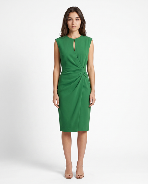 Green sleeveless ruched midi sheath dress with keyhole neckline