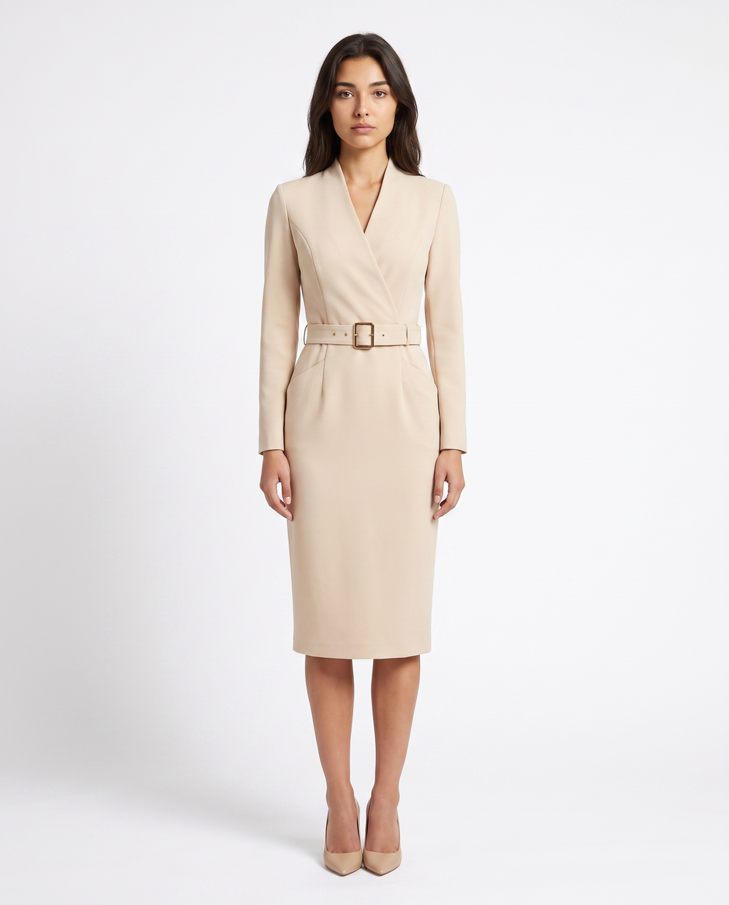 Beige belted midi dress with long sleeves and V-neck, fitted waist with square buckle