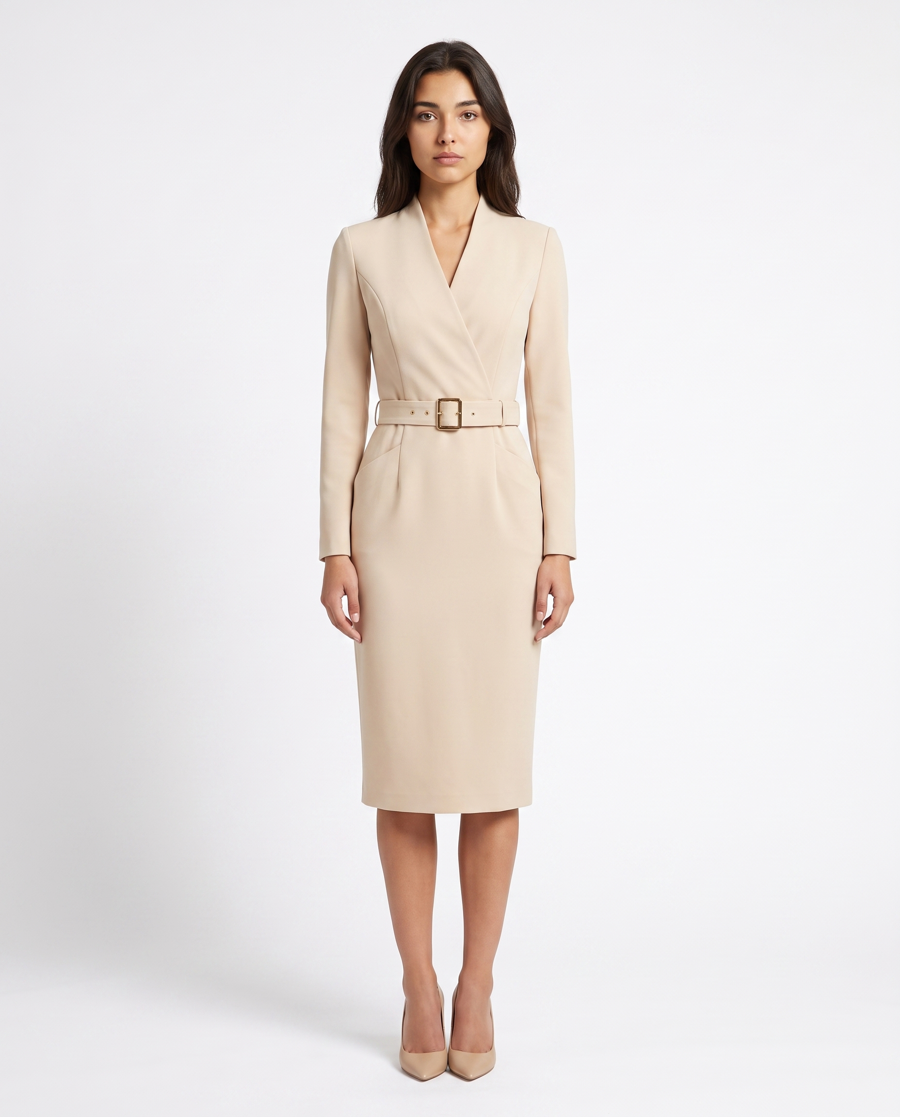 Beige belted midi dress with long sleeves and V-neck, fitted waist with square buckle
