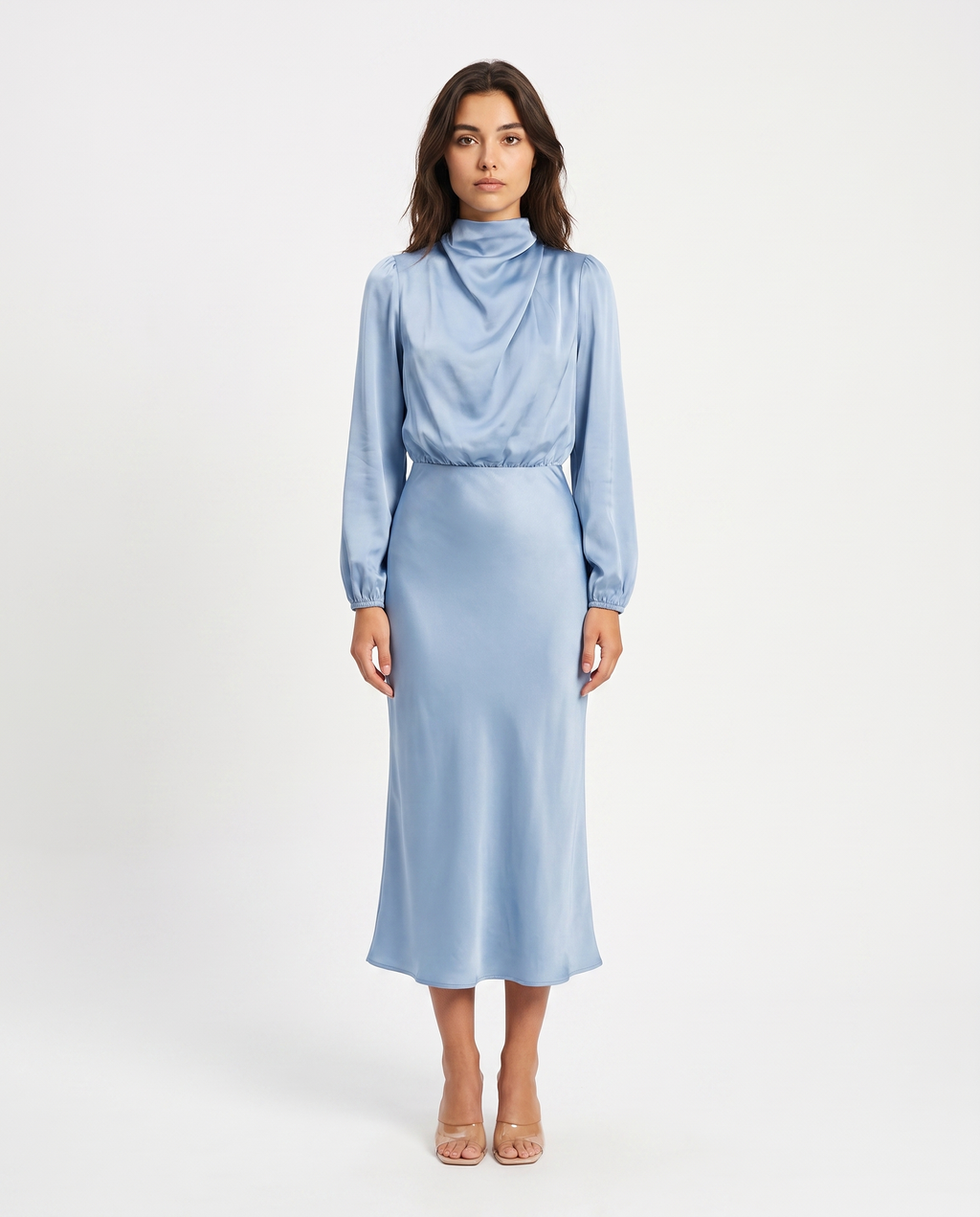 Light blue satin cowl neck midi dress with long sleeves and fitted waist