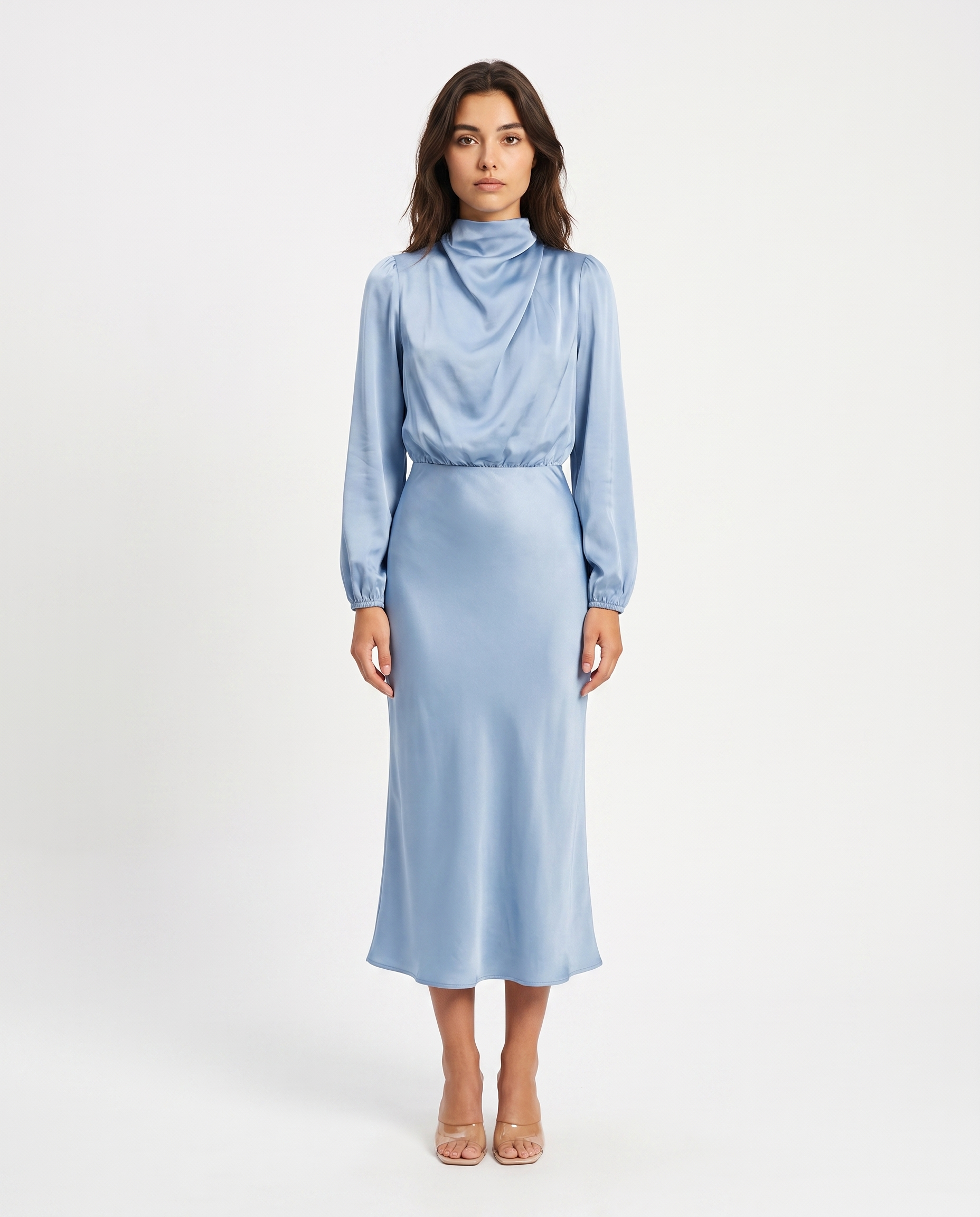 Light blue satin cowl neck midi dress with long sleeves and fitted waist