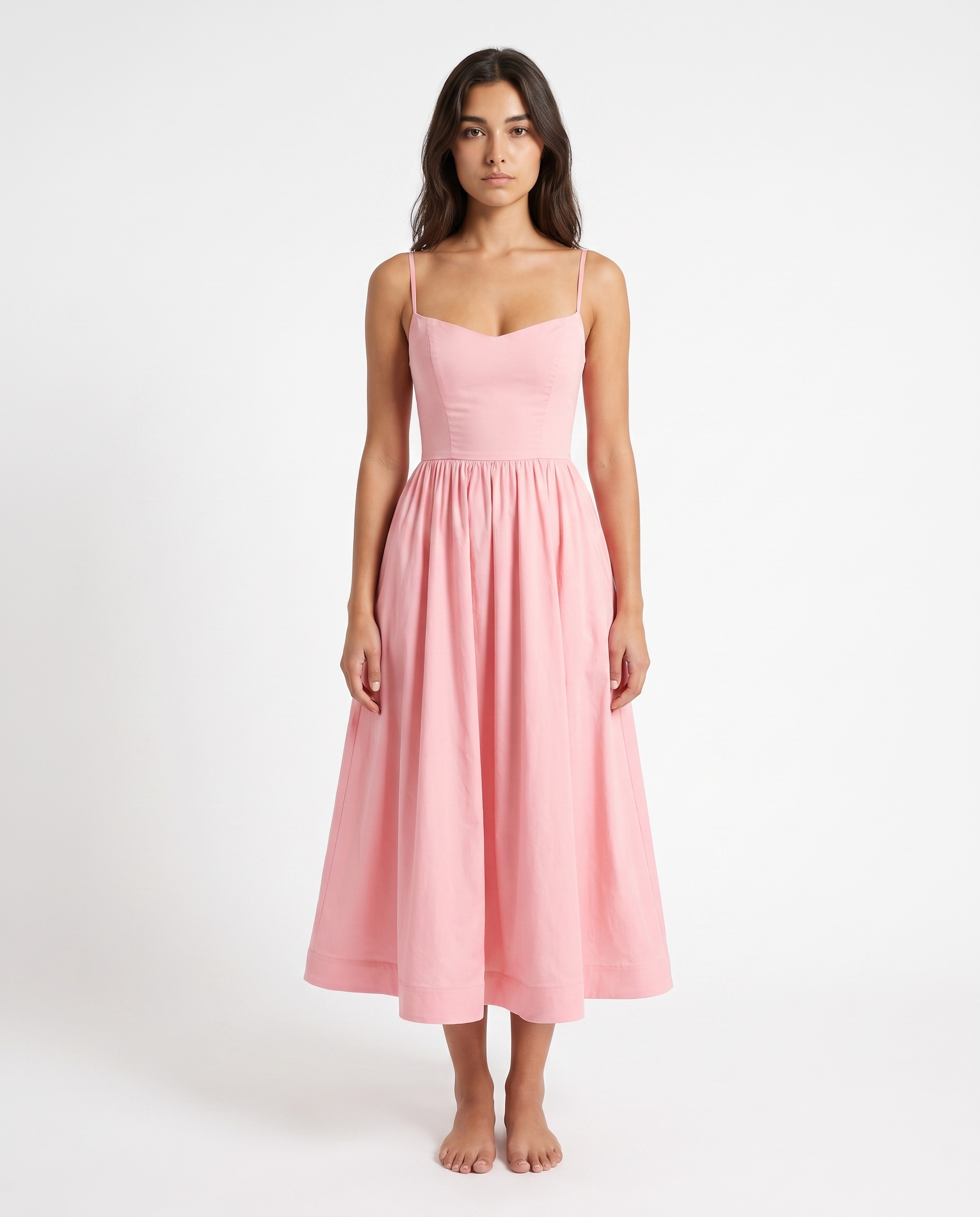 Pink fit-and-flare midi dress with sweetheart neckline and thin spaghetti straps