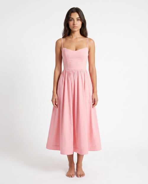 Pink fit-and-flare midi dress with sweetheart neckline and thin spaghetti straps