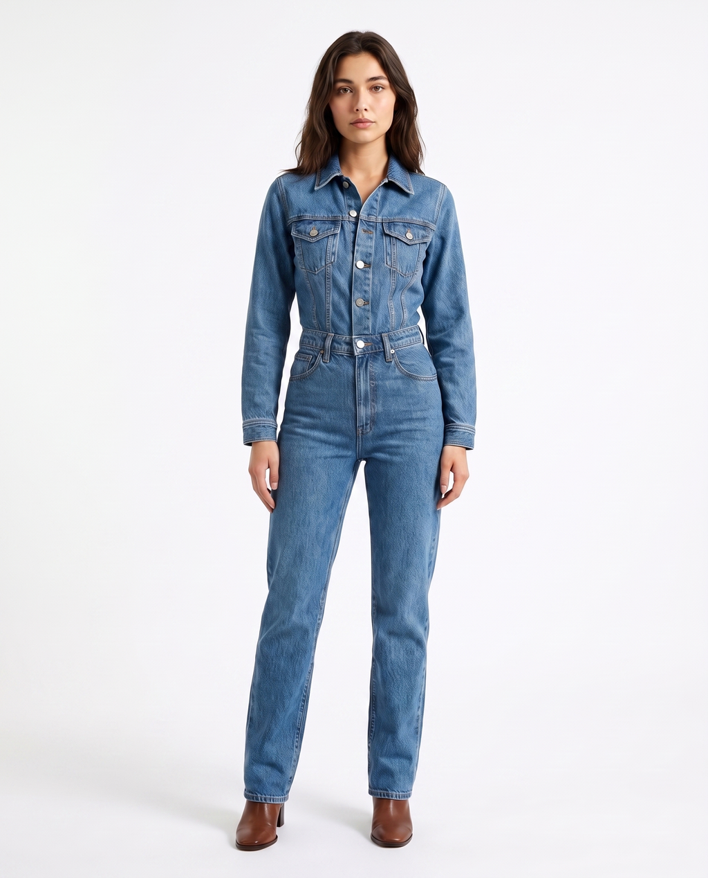 Blue denim jumpsuit with button front, collared neckline, straight-leg fit