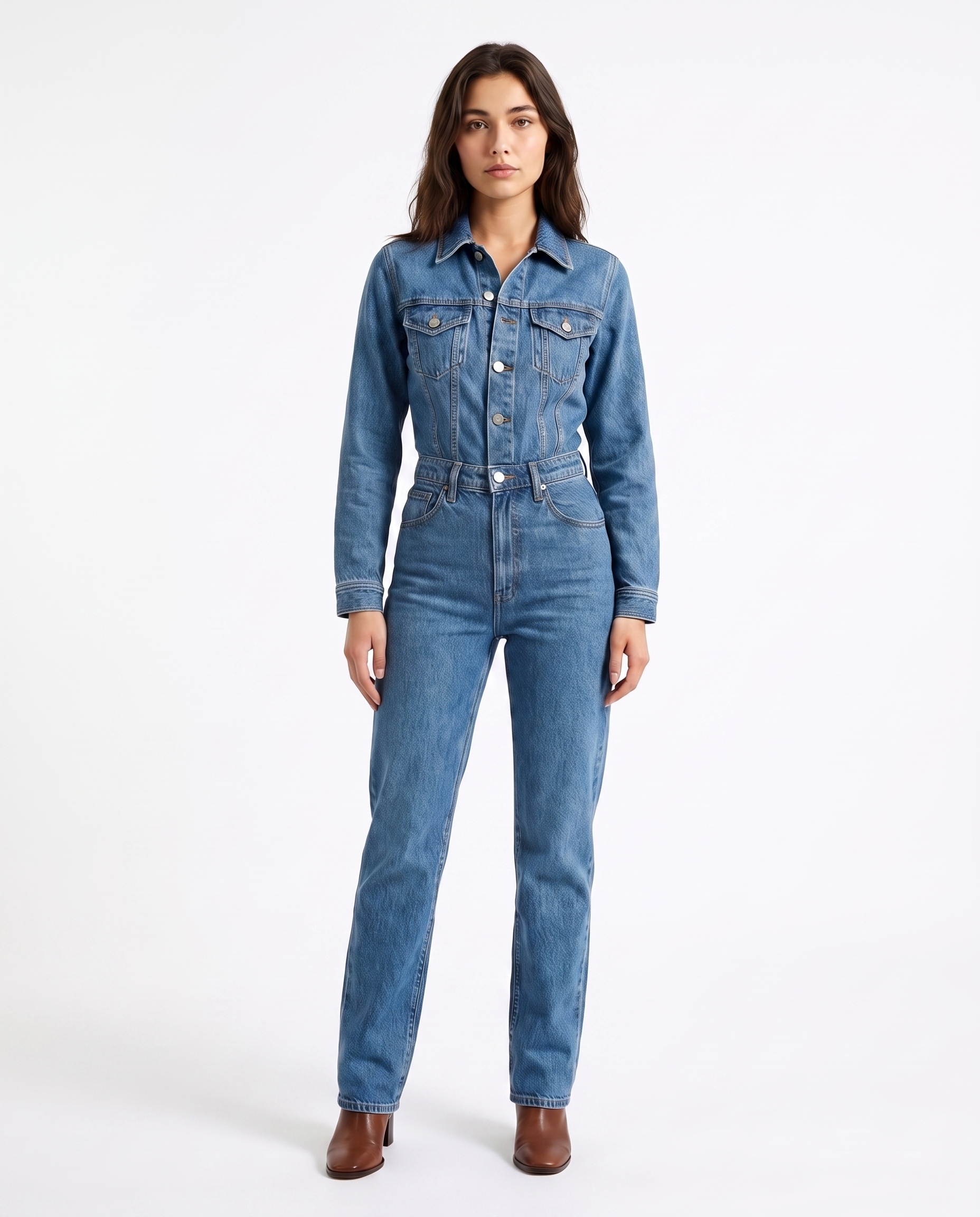 Blue denim jumpsuit with button front, collared neckline, straight-leg fit