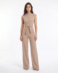 Women’s beige sleeveless wide-leg jumpsuit with stand collar, front zipper, waist tie