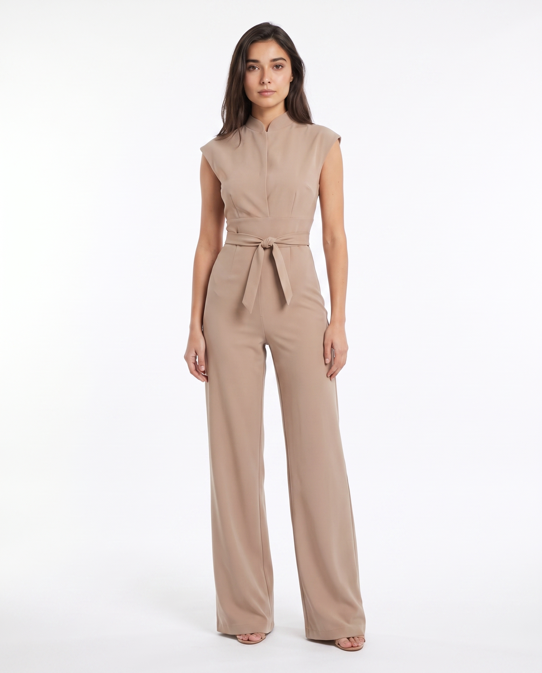 Women’s beige sleeveless wide-leg jumpsuit with stand collar, front zipper, waist tie
