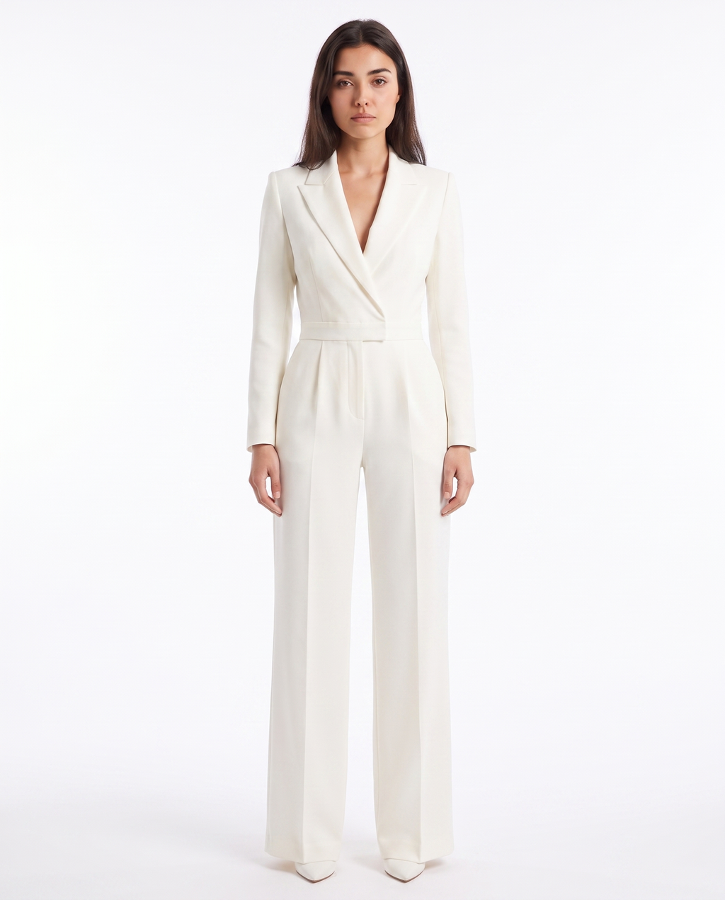 White V-neck tailored blazer jumpsuit with belt, wide-leg trousers