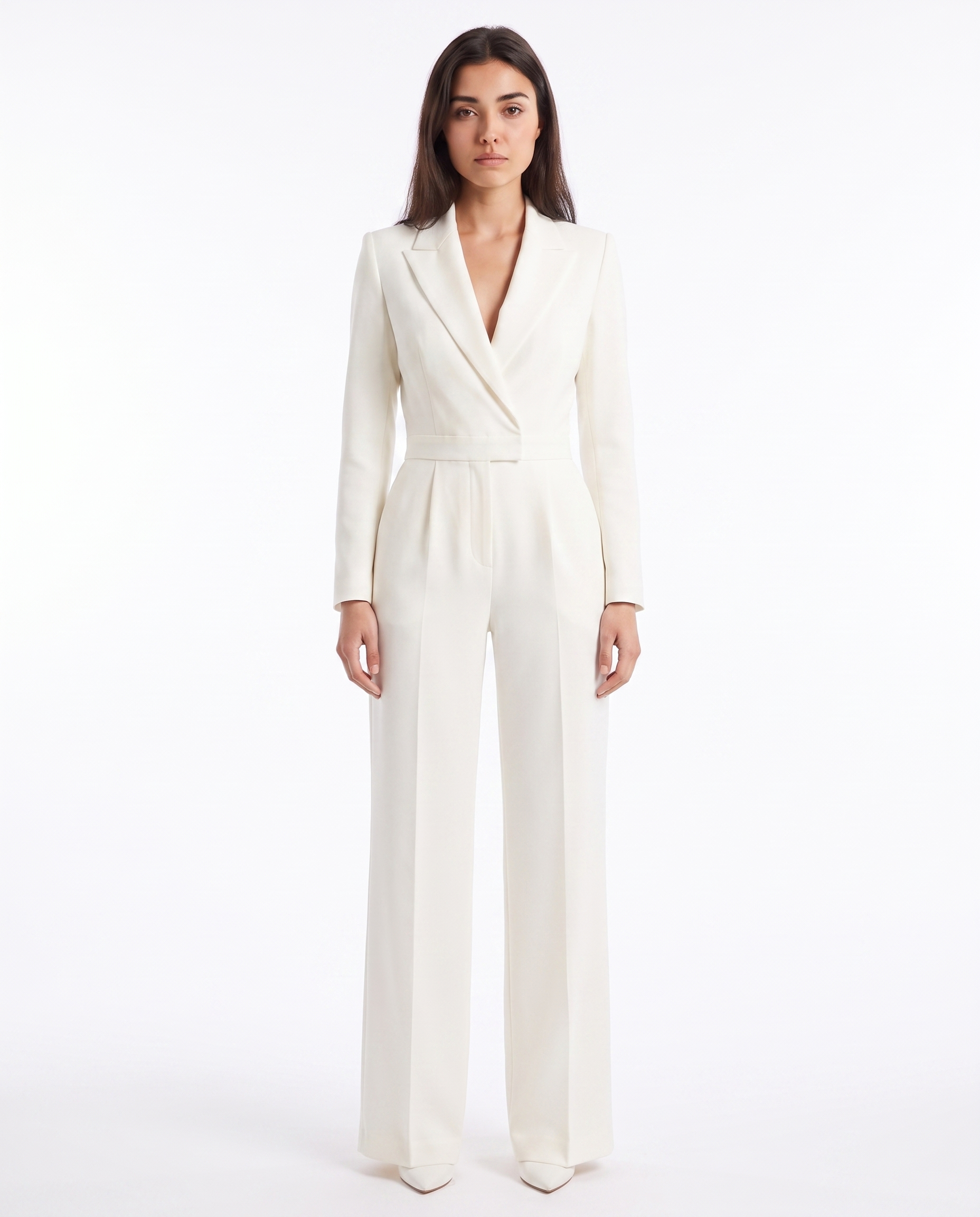White V-neck tailored blazer jumpsuit with belt, wide-leg trousers