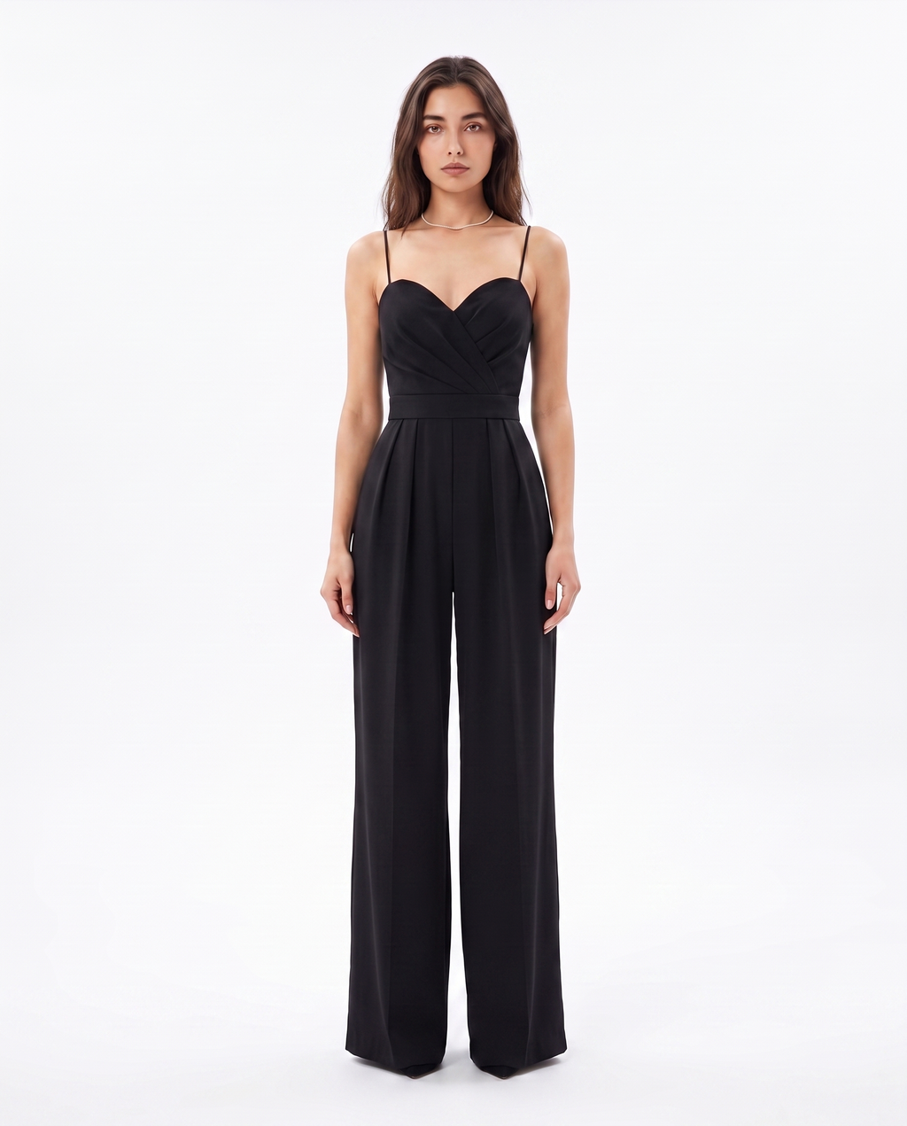 Women's black strappy wide-leg jumpsuit with sweetheart neckline and draped bodice
