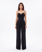 Women's black strappy wide-leg jumpsuit with sweetheart neckline and draped bodice