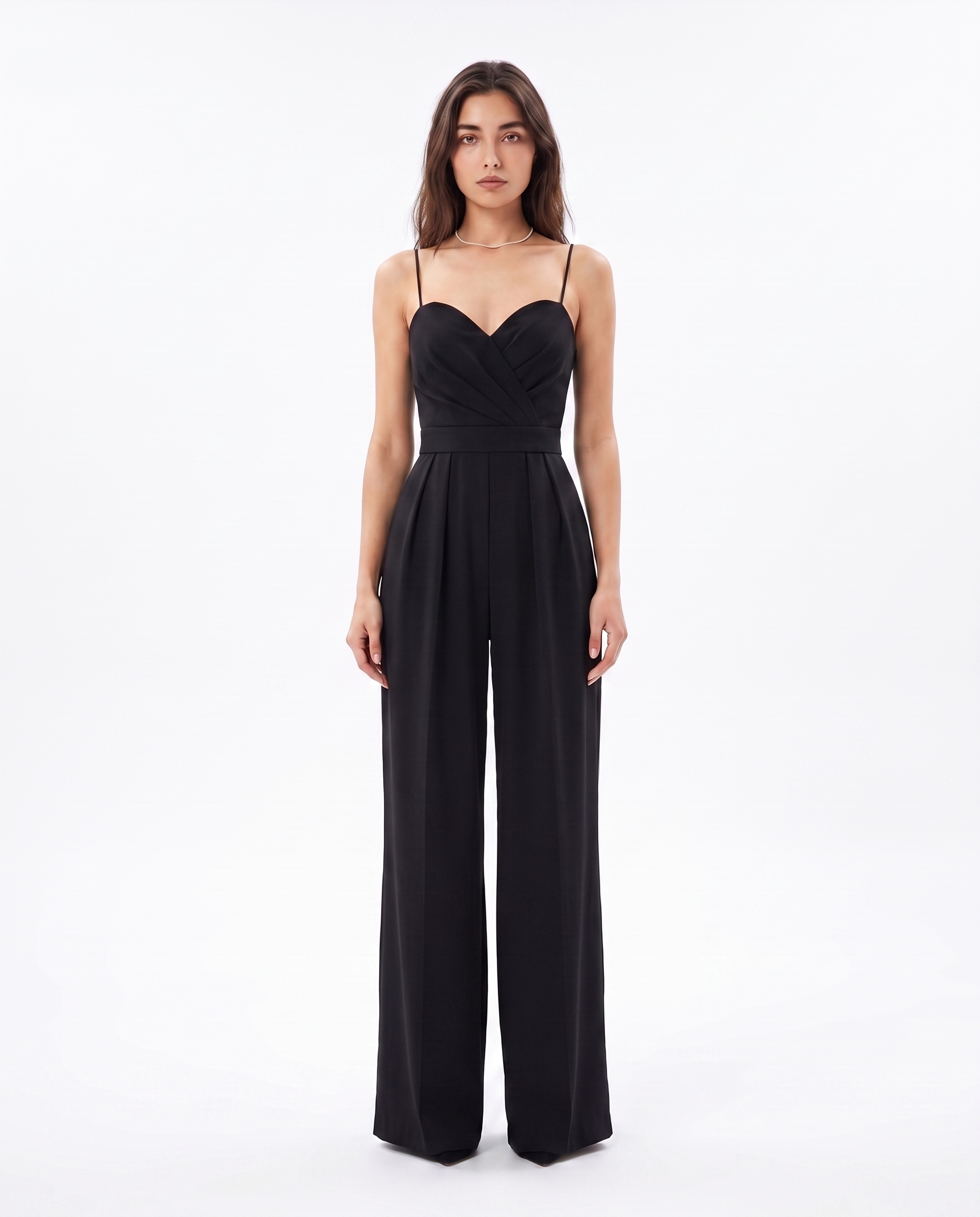 Women's black strappy wide-leg jumpsuit with sweetheart neckline and draped bodice