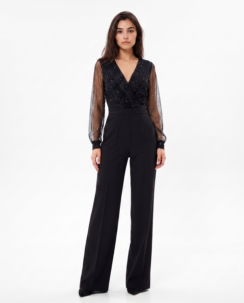 Black V-neck wide-leg jumpsuit with sheer dotted sleeves