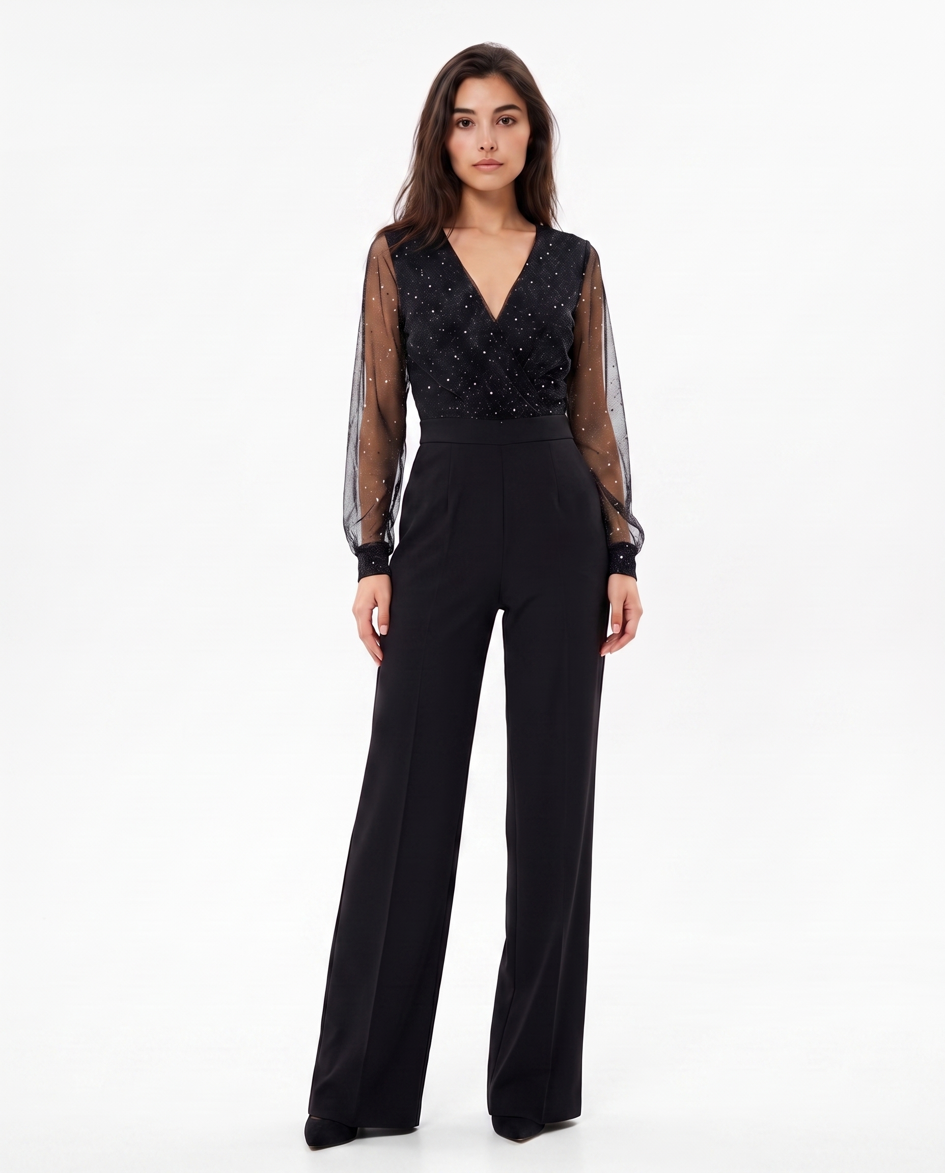 Black V-neck wide-leg jumpsuit with sheer dotted sleeves