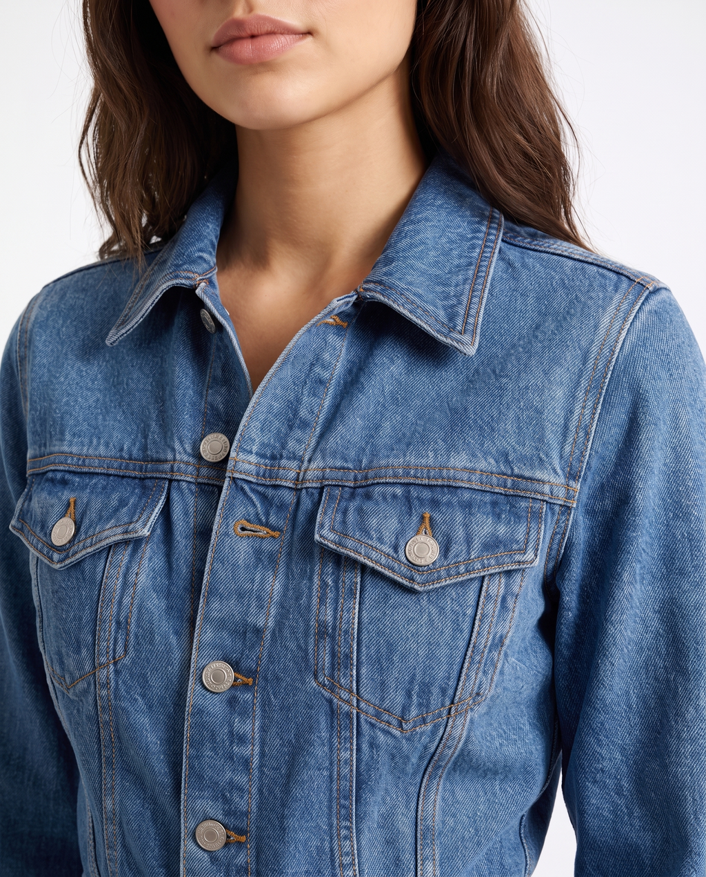 Blue denim jumpsuit top with collared neckline, button placket, chest flap pockets