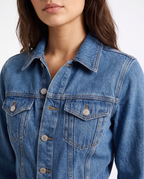 Blue denim jumpsuit top with collared neckline, button placket, chest flap pockets