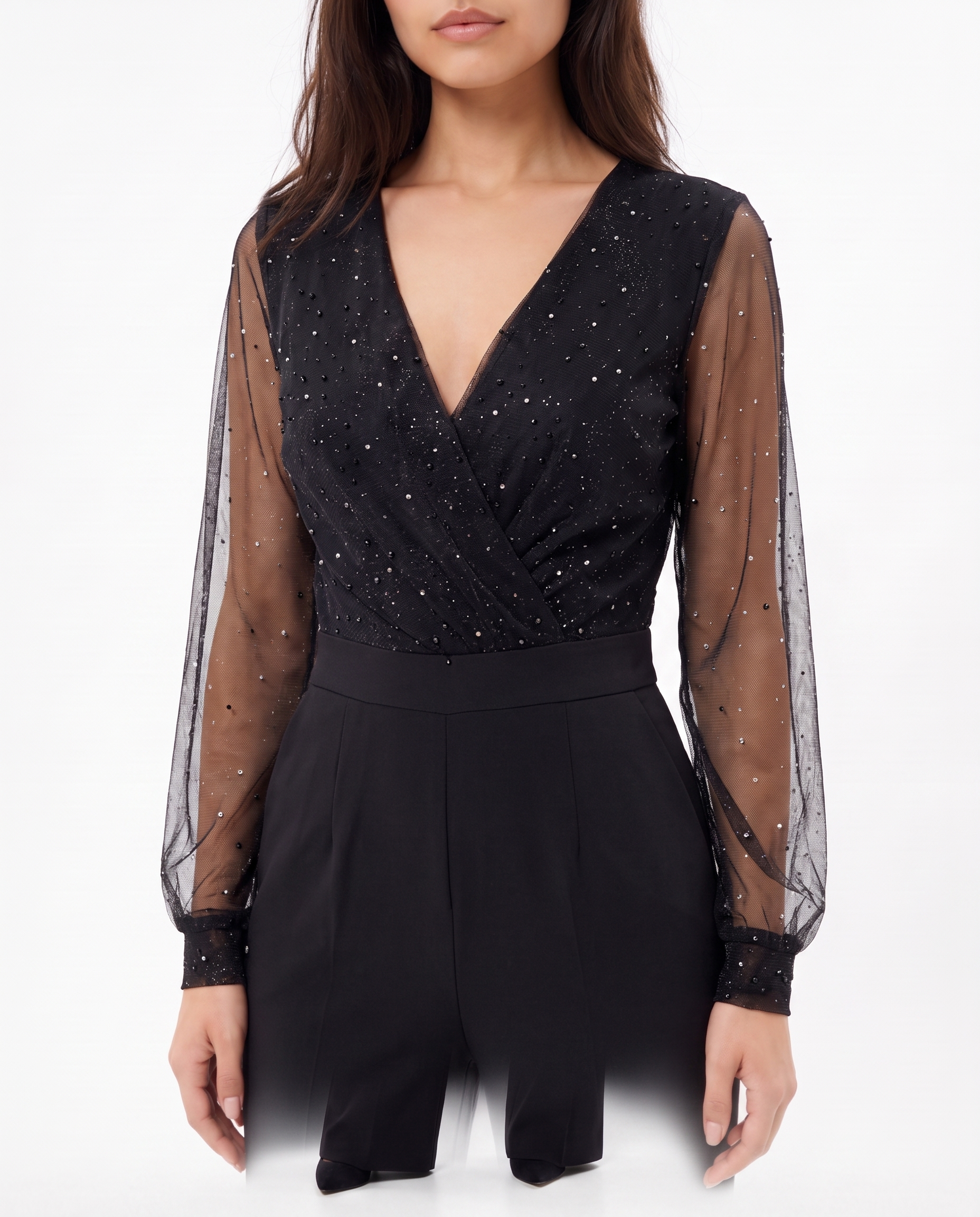 Black V-neck wrap-style bodice with sheer dotted sleeves
