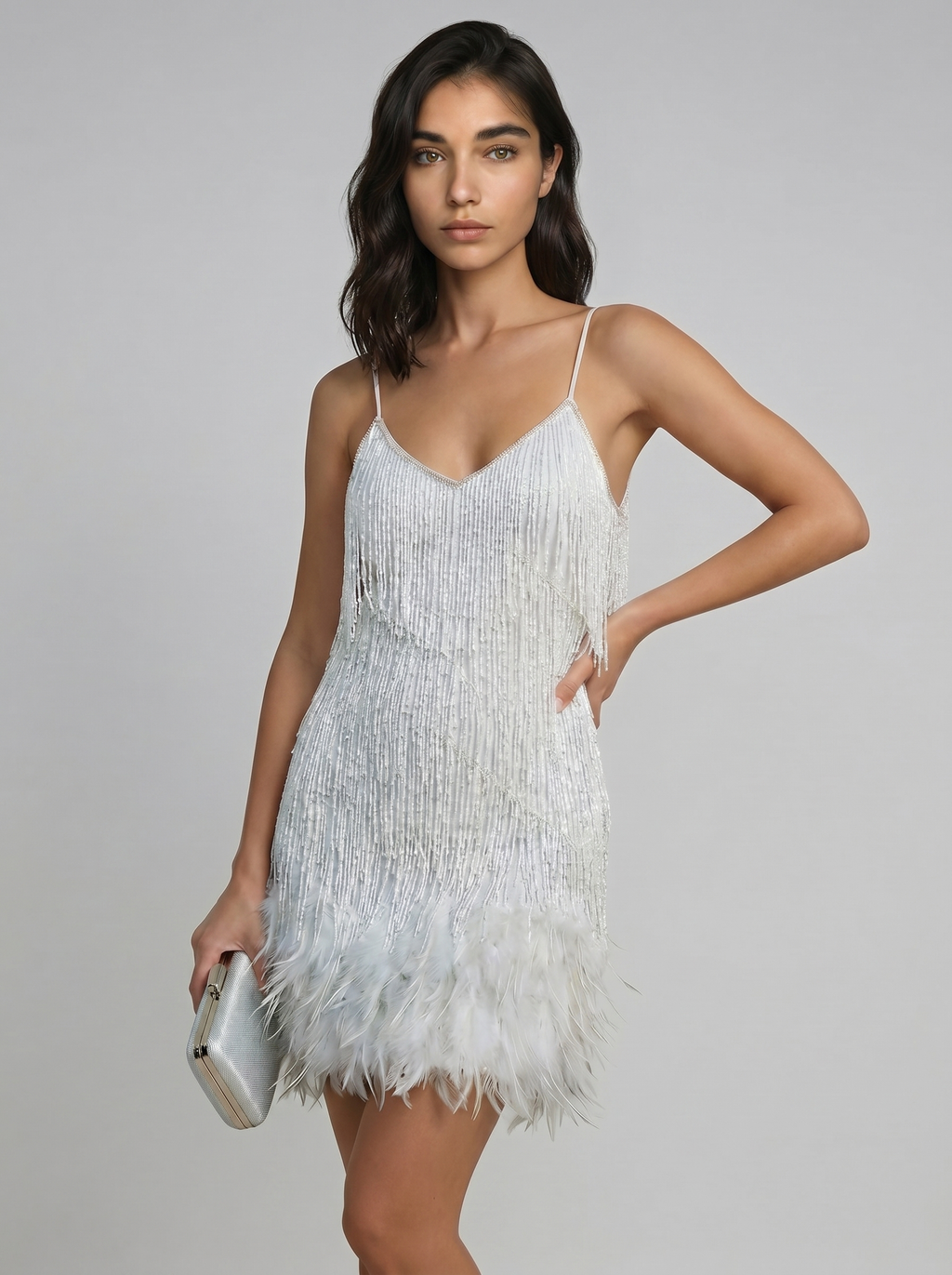 Women's white sequin mini dress with feather fringe hem, spaghetti straps