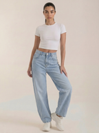 Light blue wide-leg jeans, high rise, button-front closure, relaxed straight legs