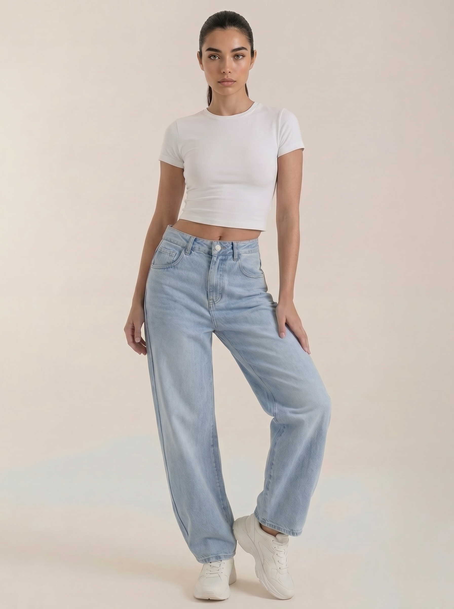 Light blue wide-leg jeans, high rise, button-front closure, relaxed straight legs