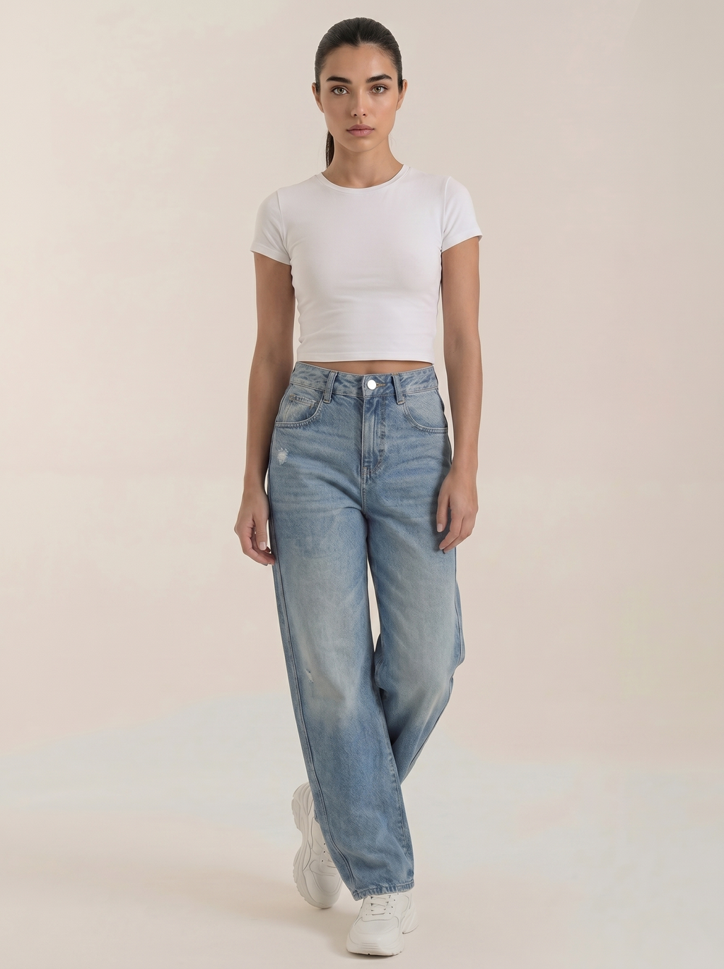 Light blue wide-leg jeans, high-rise waist, button-front and straight wide legs