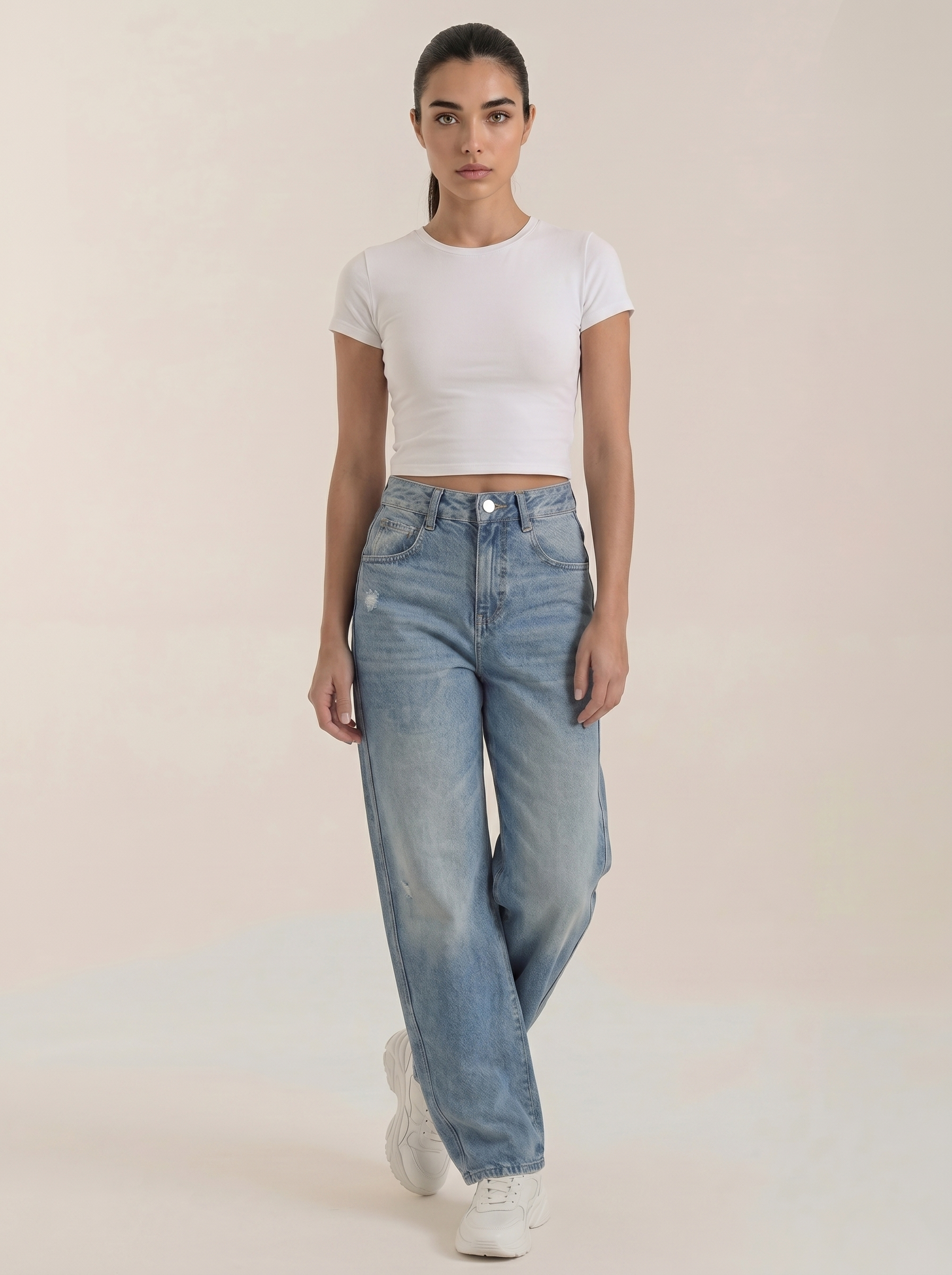 Light blue wide-leg jeans, high-rise waist, button-front and straight wide legs