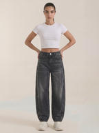 Dark gray wide-leg jeans, high-rise waist, button-front closure and relaxed fit