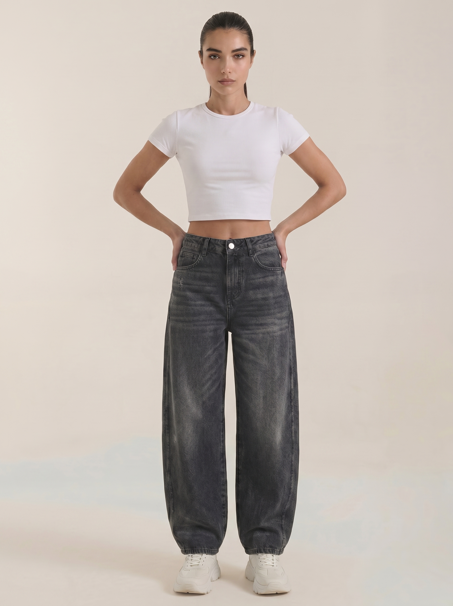 Dark gray wide-leg jeans, high-rise waist, button-front closure and relaxed fit