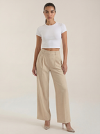 Women’s high-rise pleated wide-leg pants in beige, full length, zip front.