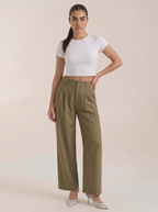 Women’s high-rise pleated wide-leg pants in dark green, full length, zip front.