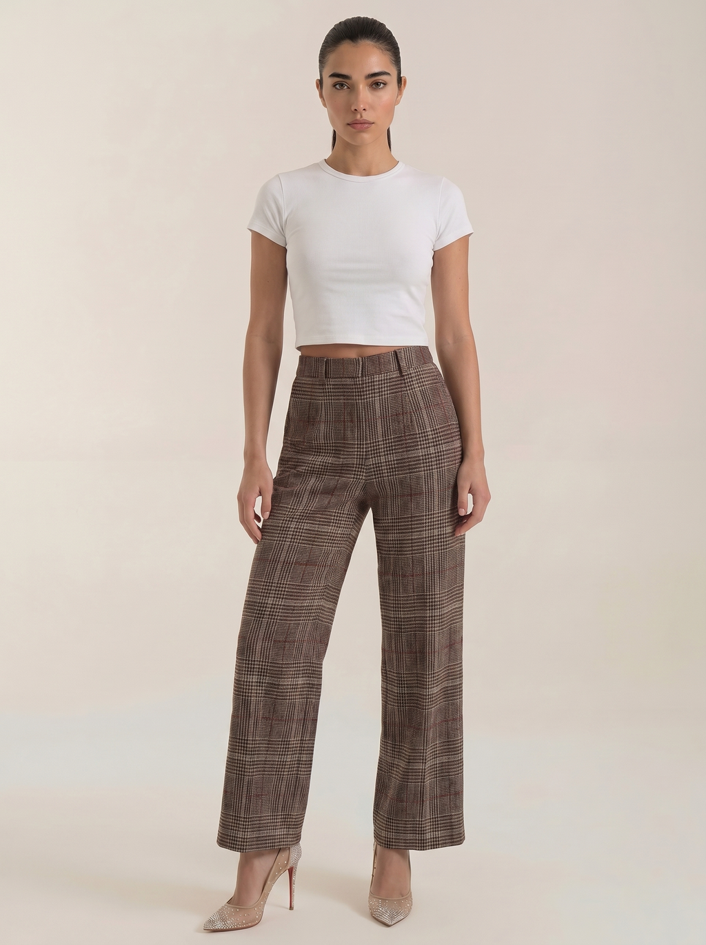 Women's brown plaid high-waisted wide-leg trousers with belt loops and front pockets