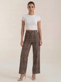 Women's brown plaid high-waisted wide-leg trousers with belt loops and front pockets