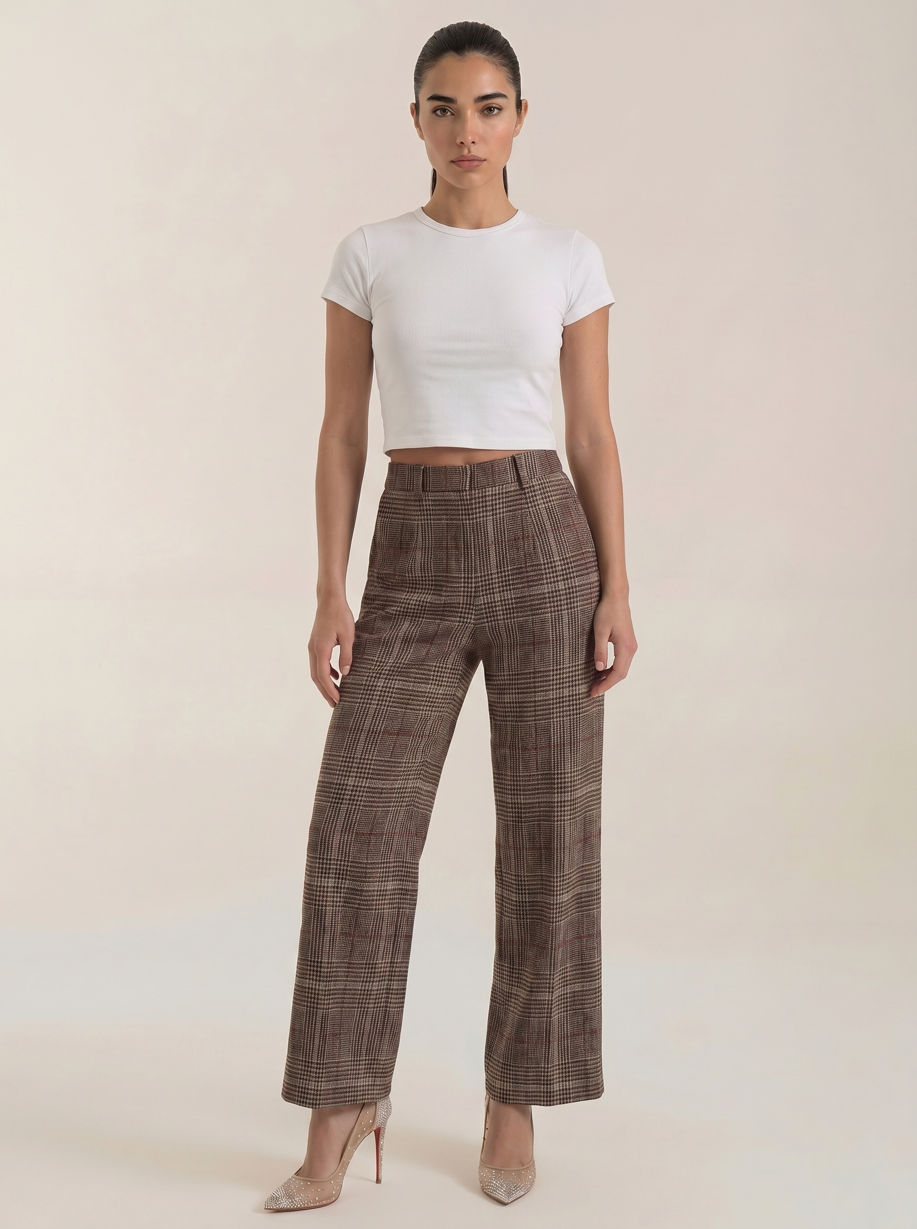 Women's brown plaid high-waisted wide-leg trousers with belt loops and front pockets