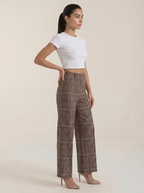 Women's brown plaid high-waisted wide-leg trousers, side view, ankle-length