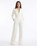 Ivory V-neck tailored blazer jumpsuit with waist belt and wide-leg pants