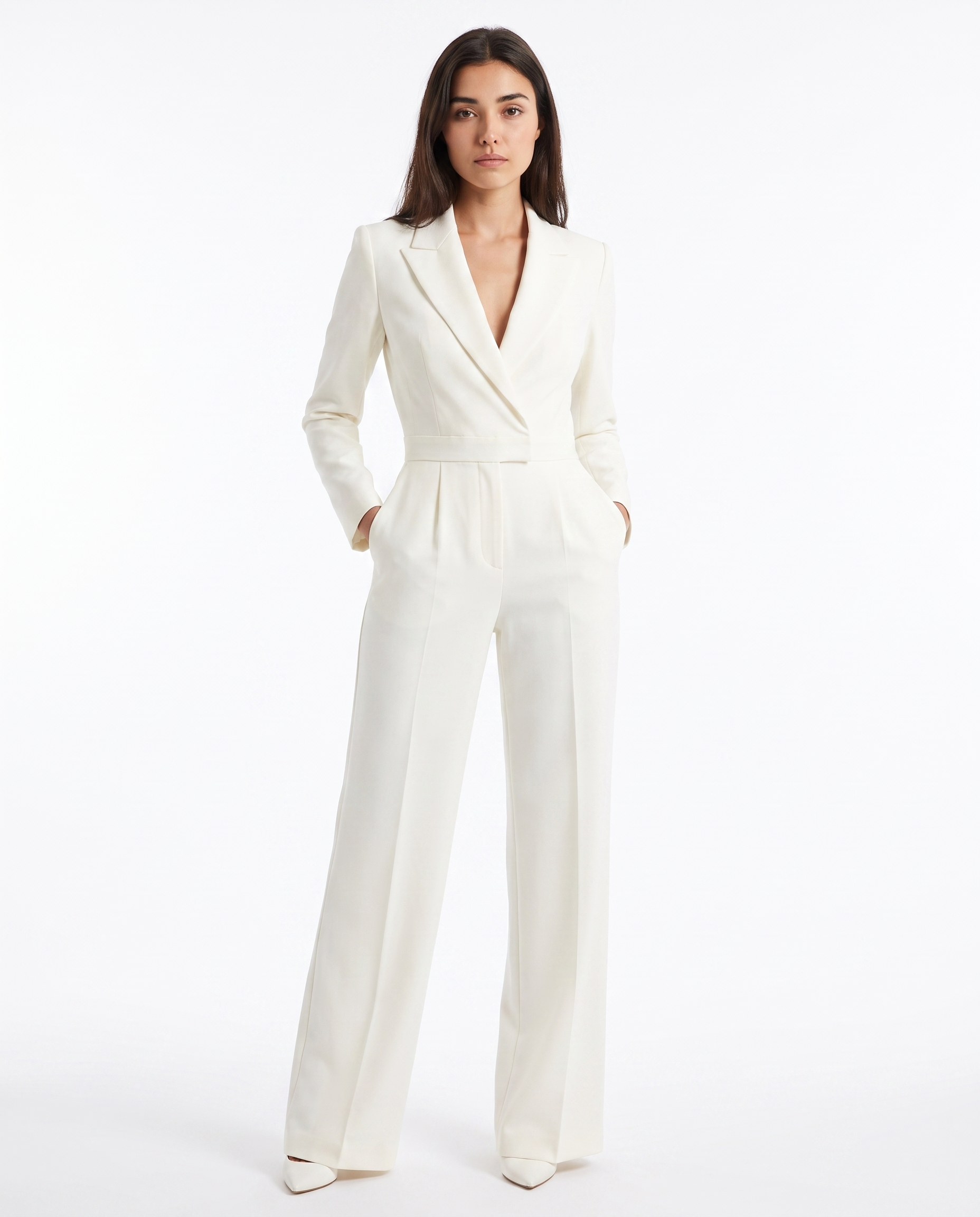 Ivory V-neck tailored blazer jumpsuit with waist belt and wide-leg pants