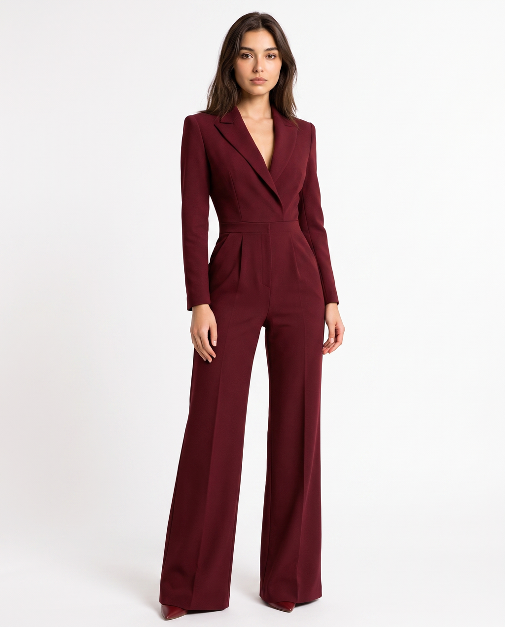 Burgundy V-neck tailored blazer jumpsuit with belt, wide-leg trousers