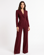 Burgundy V-neck tailored blazer jumpsuit with belt, wide-leg trousers