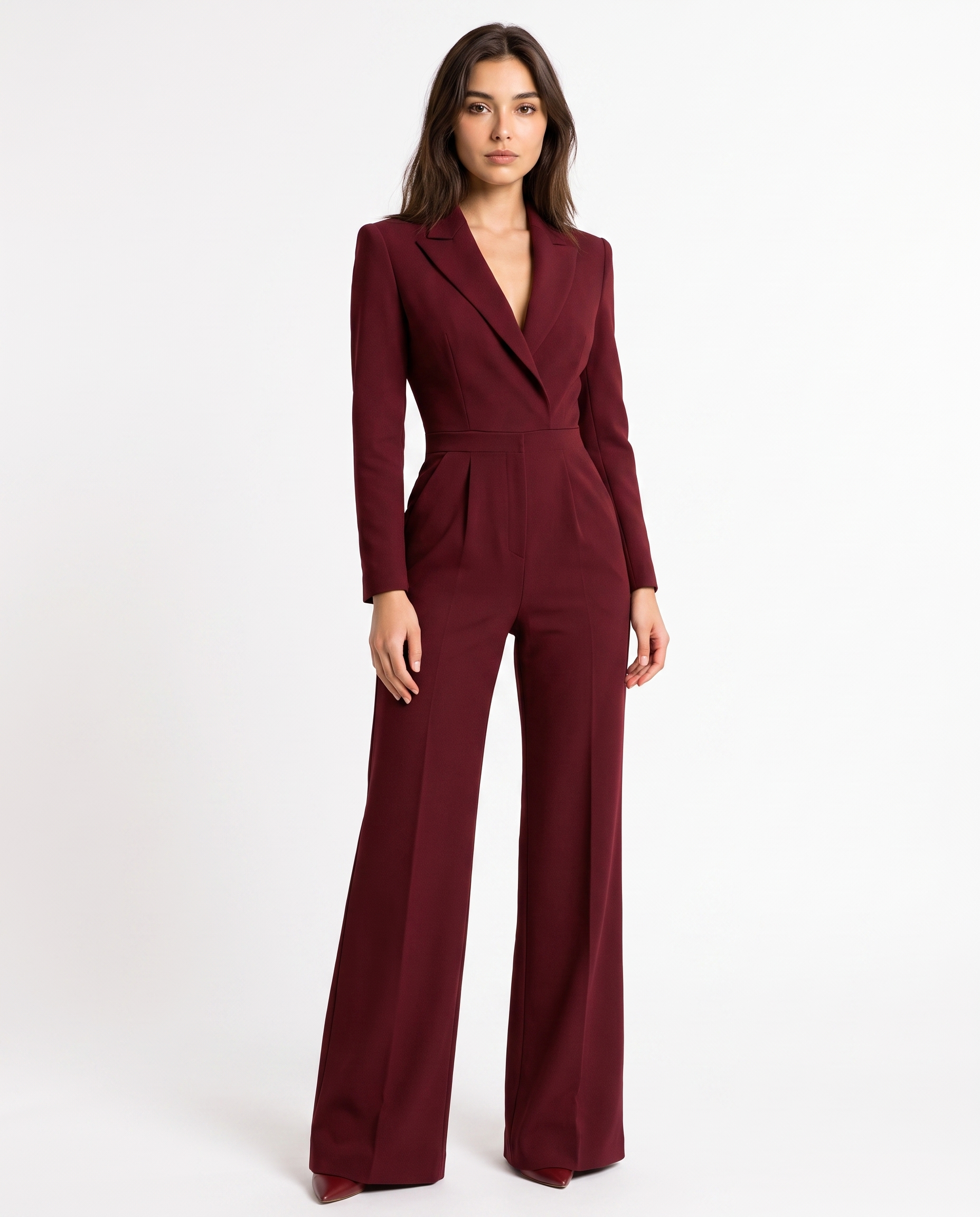 Burgundy V-neck tailored blazer jumpsuit with belt, wide-leg trousers