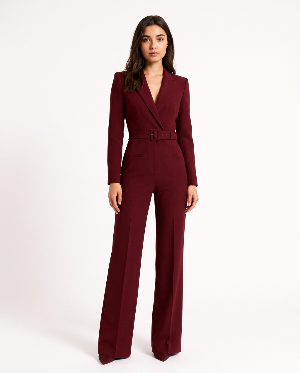 Burgundy V-neck tailored blazer jumpsuit with waist belt and wide-leg pants