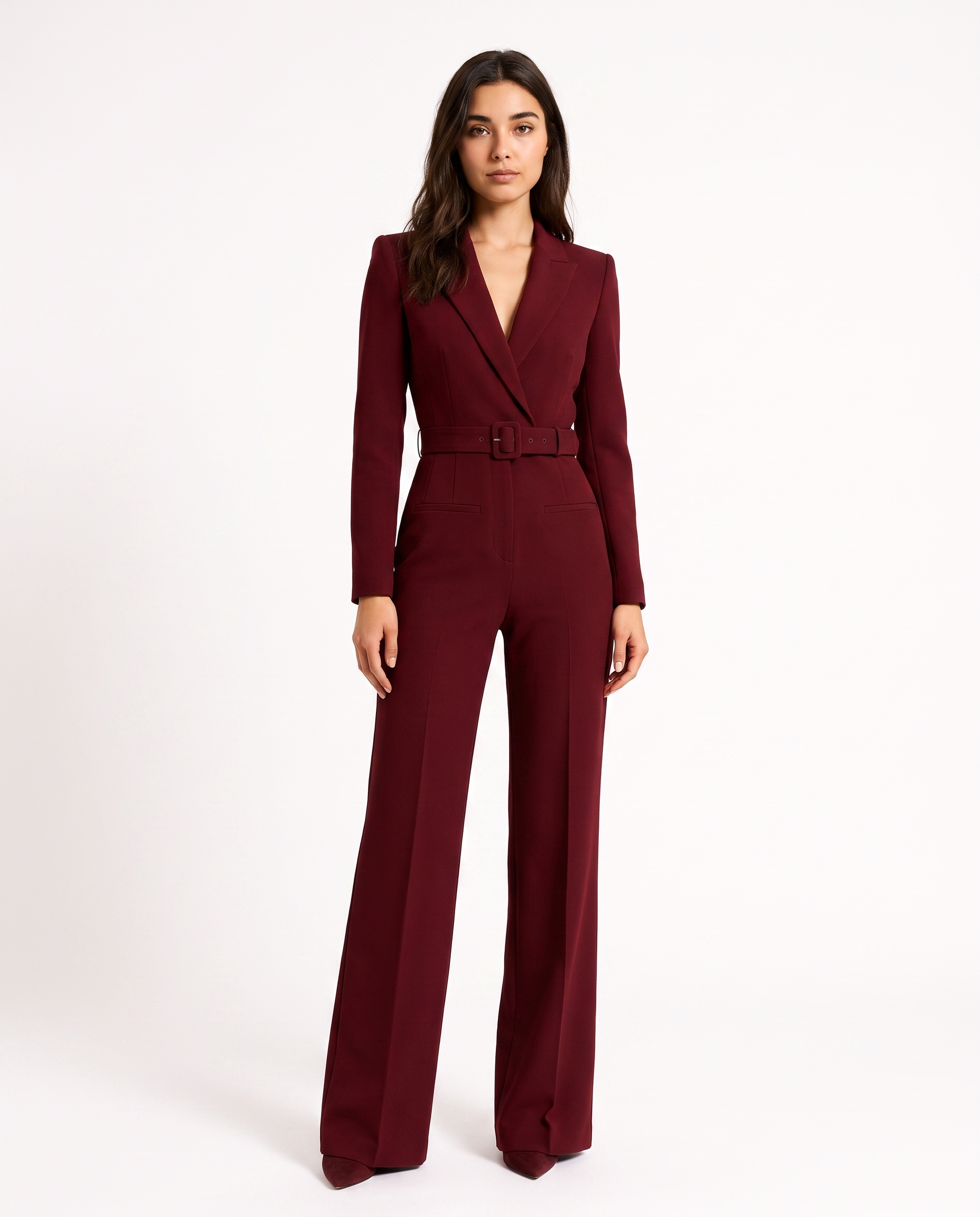 Burgundy V-neck tailored blazer jumpsuit with waist belt and wide-leg pants