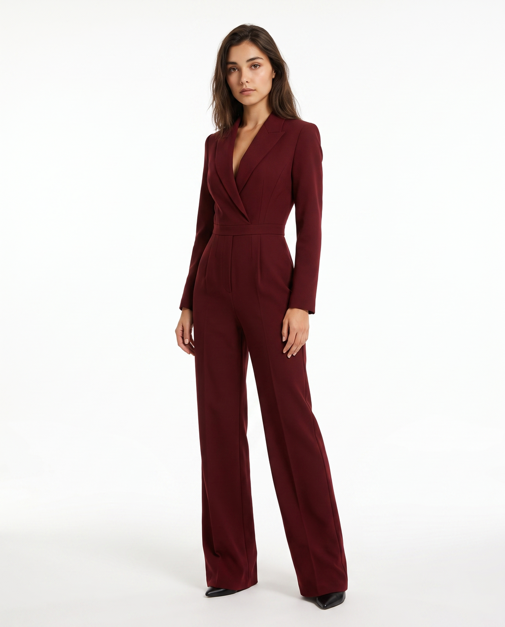 Burgundy V-neck tailored blazer jumpsuit with belt, wide-leg trousers