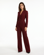 Burgundy V-neck tailored blazer jumpsuit with belt, wide-leg trousers