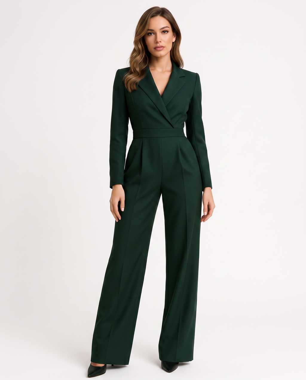 Dark green V-neck tailored blazer jumpsuit with belt, wide-leg trousers