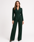 Dark green V-neck tailored blazer jumpsuit with belt, wide-leg trousers