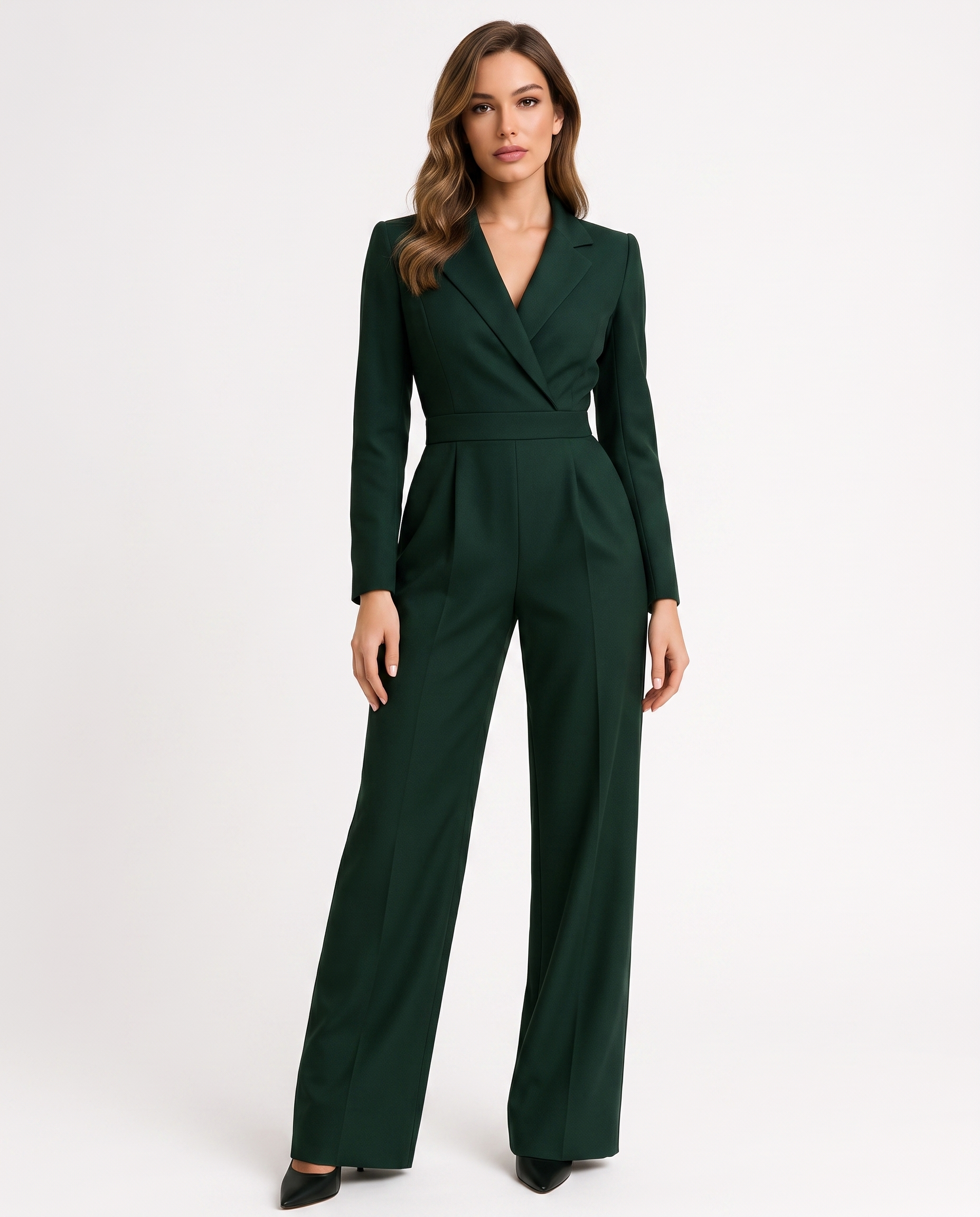 Dark green V-neck tailored blazer jumpsuit with belt, wide-leg trousers